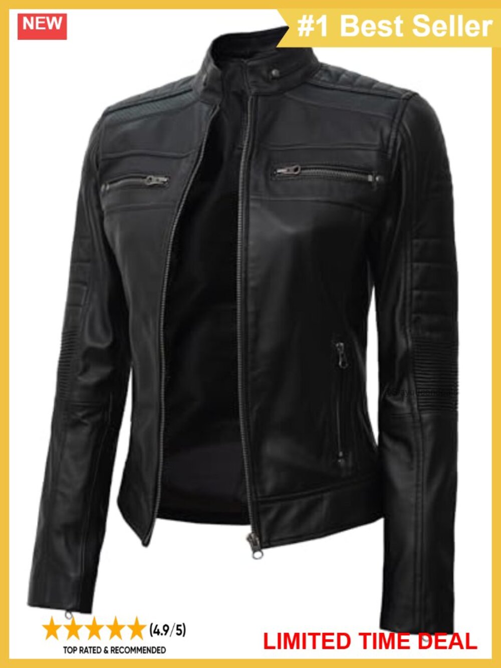 100% Lambskin Leather Jacket Women Cafe Racer Moto Band Collar Zip